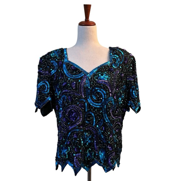 Laurence Kazar Tops - Laurence Kazar Top XL Blue Silk Blouse Sequined Beaded Vintage VTG 80s Scalloped